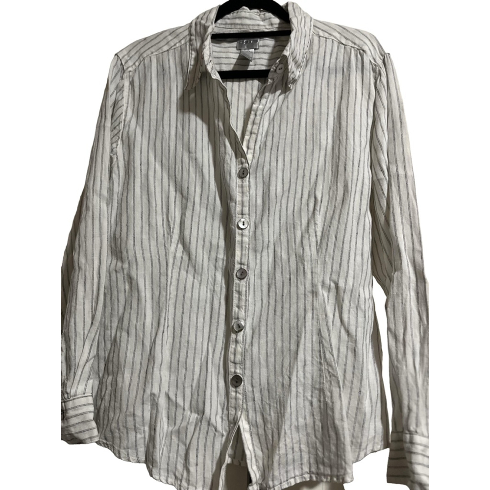 EUC Women's Chico's Linen Button-Up Shirt White & Gray Striped Size 3/XL16